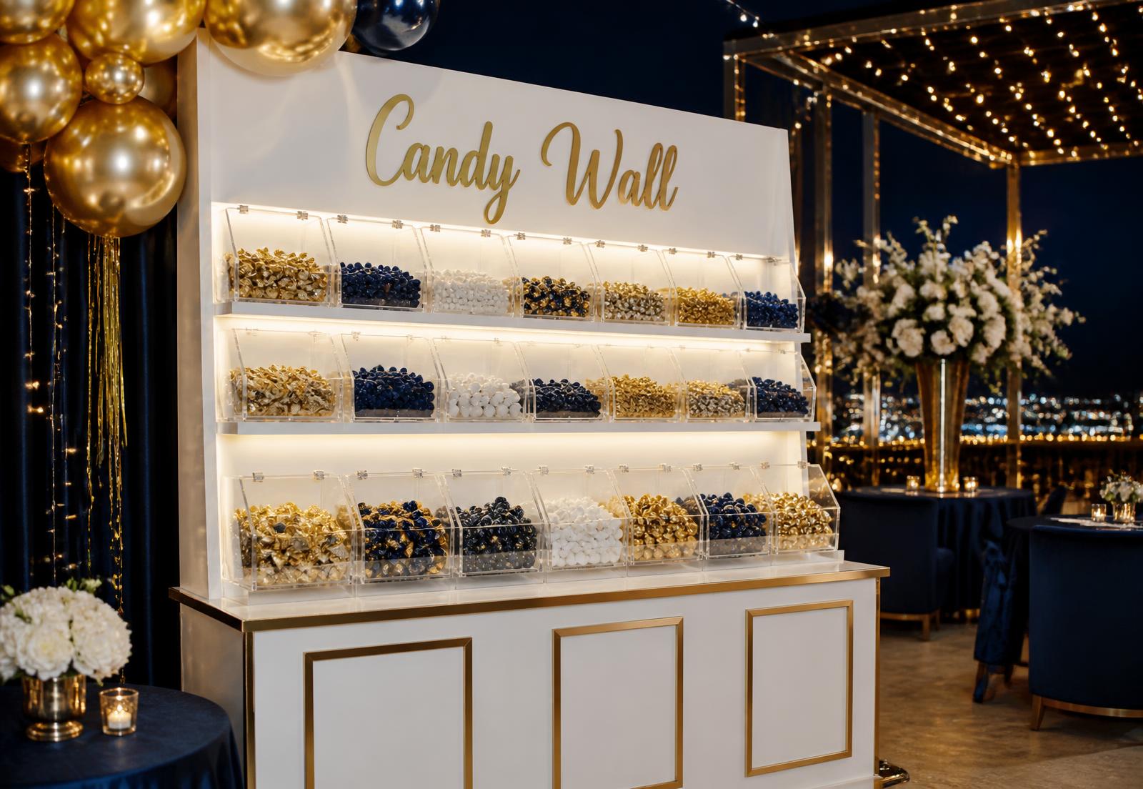 Illuminated candy wall with acrylic bins at an elegant navy and gold party in Houston